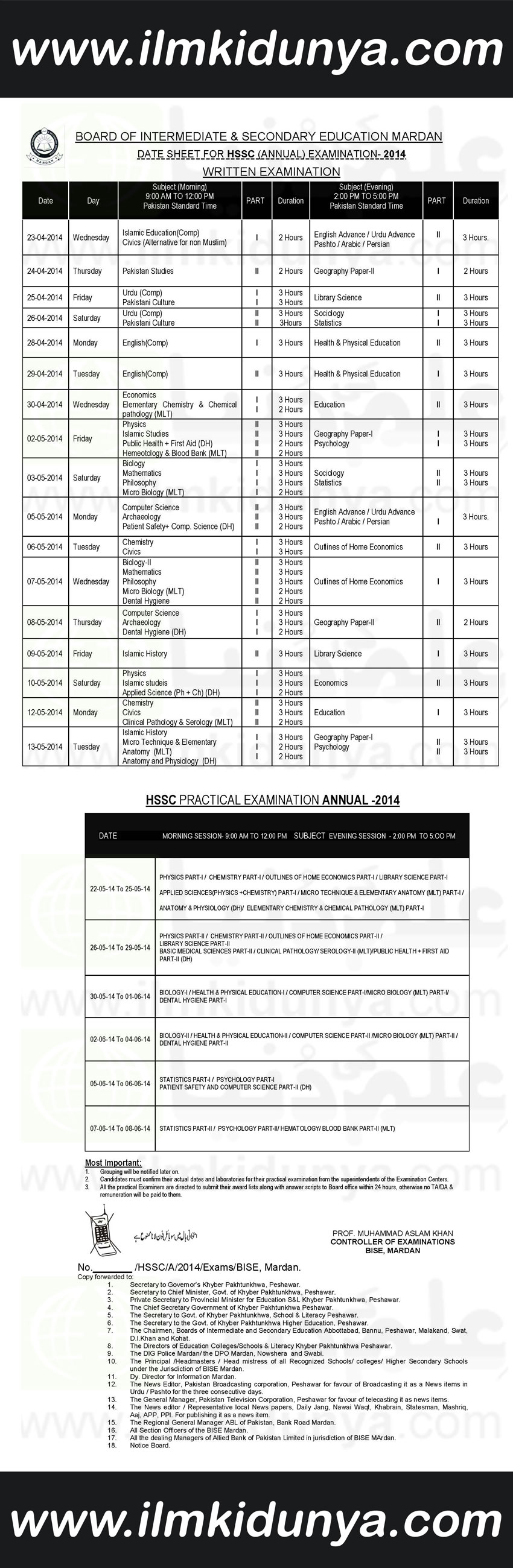 BISE Mardan Board FA FSc Date Sheet 2018 Part 1, 2