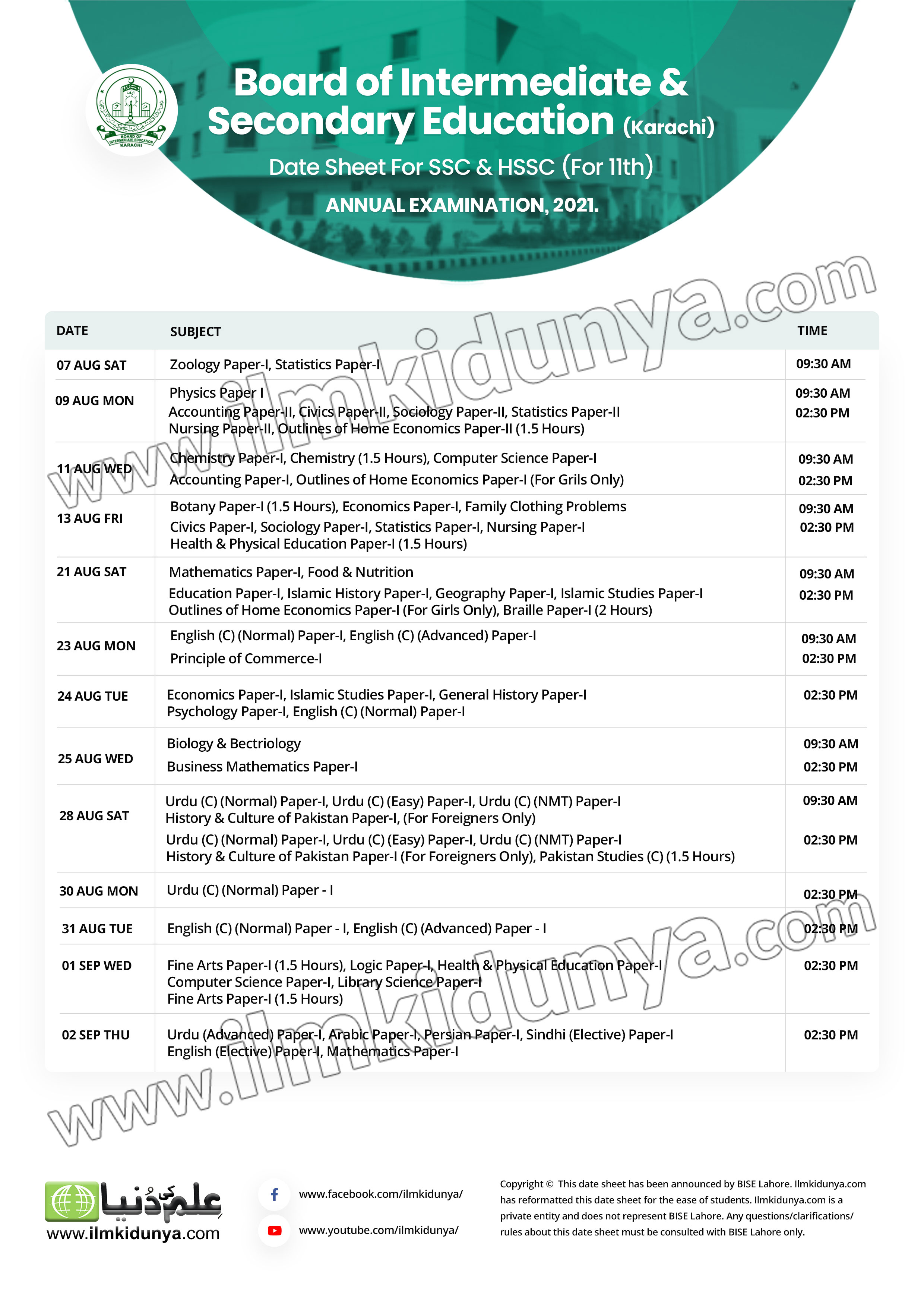 10th Class Date Sheet 2024 Biek Karachi Board vrogue.co