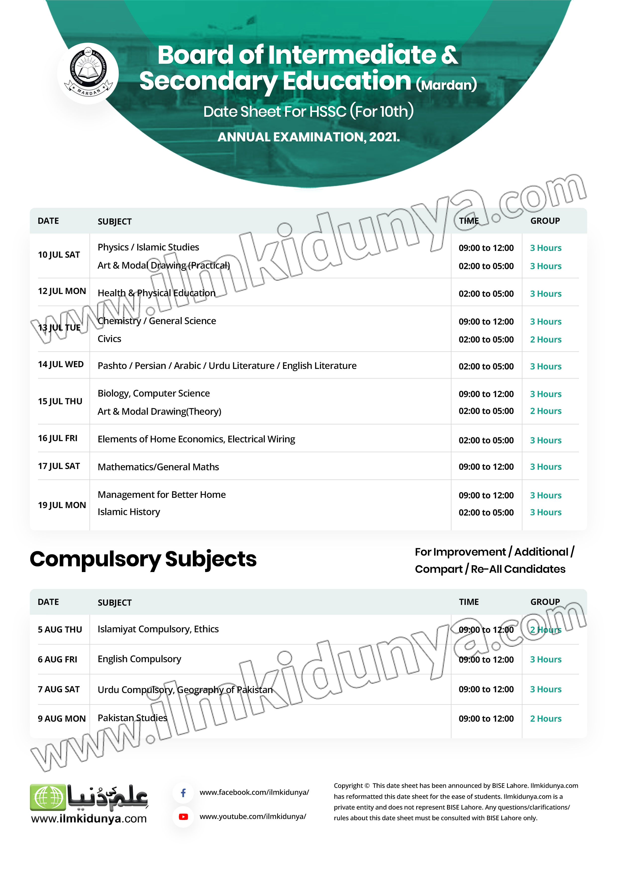 BISE Mardan Board 9th Class Date Sheet 2021