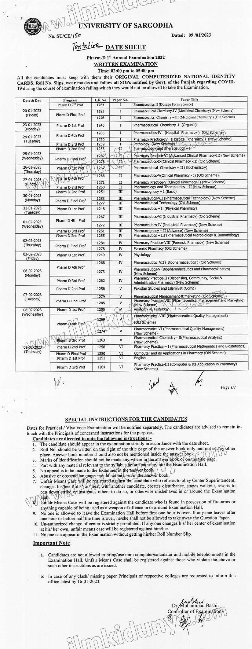University of Sargodha UOS Pharm D Date Sheets 2024