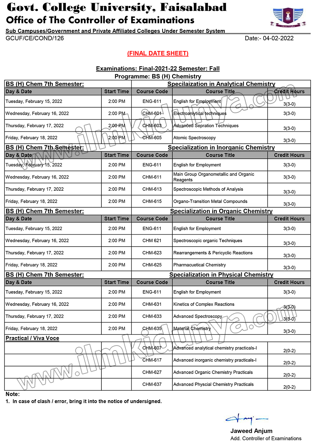 Government College University Faisalabad (GCUF) Date Sheet 2024 of BS