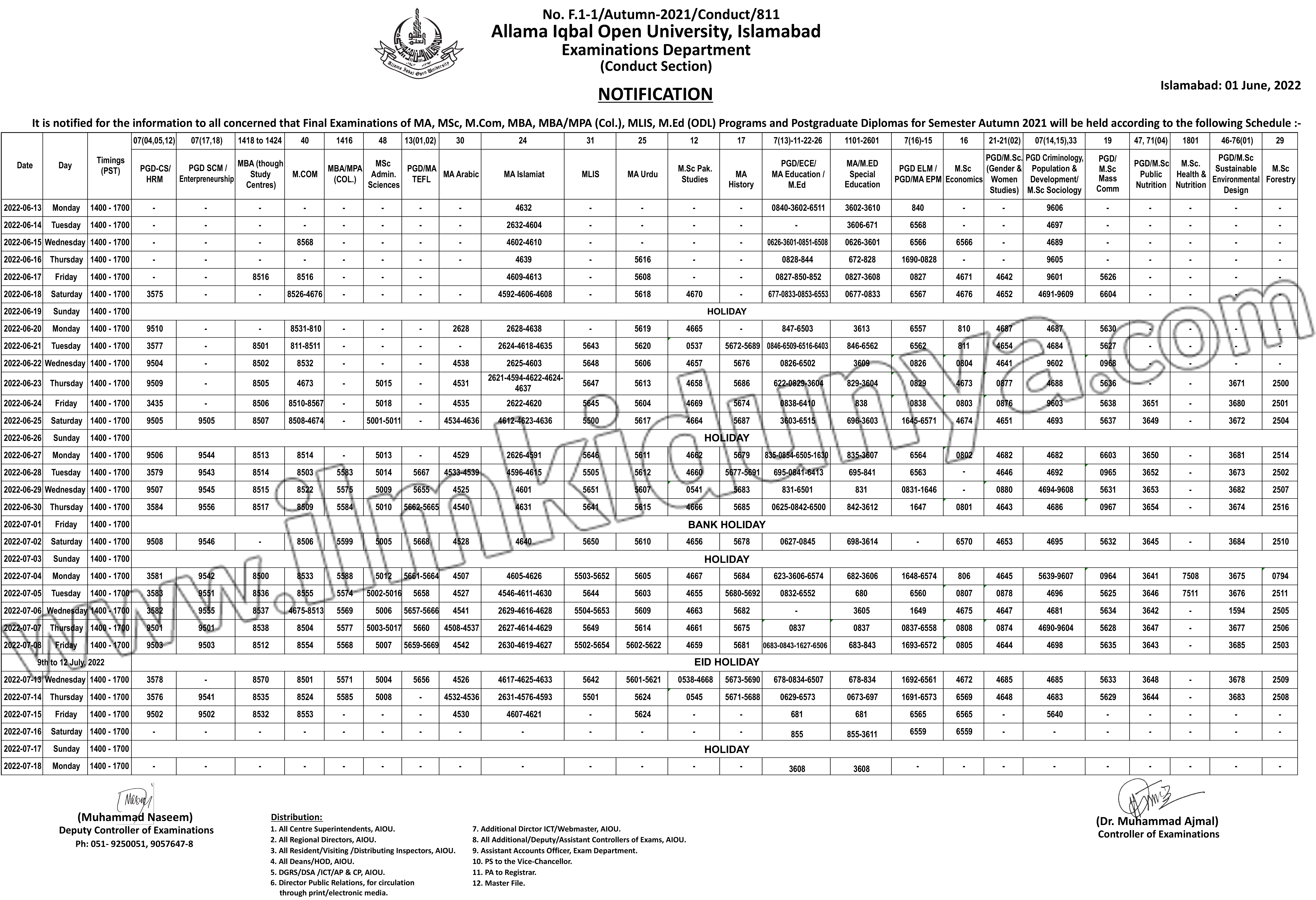 Allama Iqbal Open University MSC Autumn Semester Date Sheet 2021