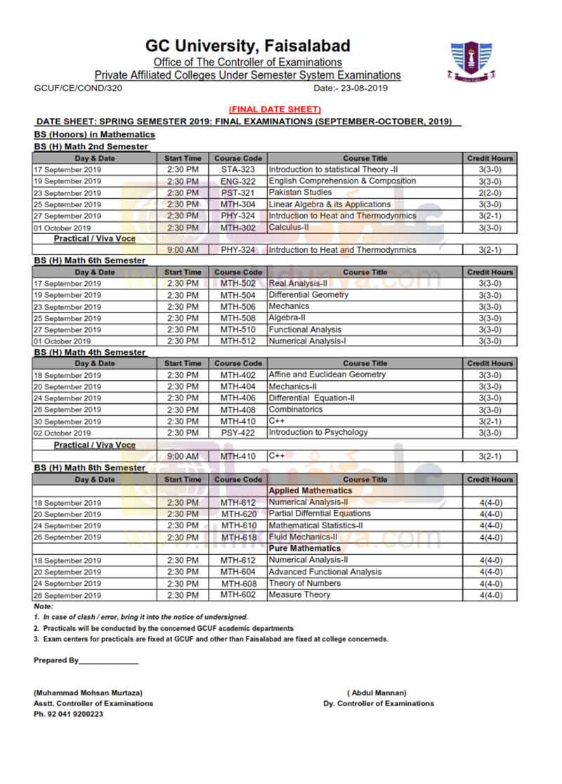 GCUF BS Mathematics Date Sheet 2024 BS Mathematics Part 1,2 Date