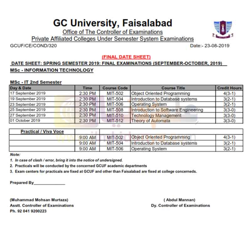 Government College University Faisalabad (GCUF) Date Sheet 2024 of MSc