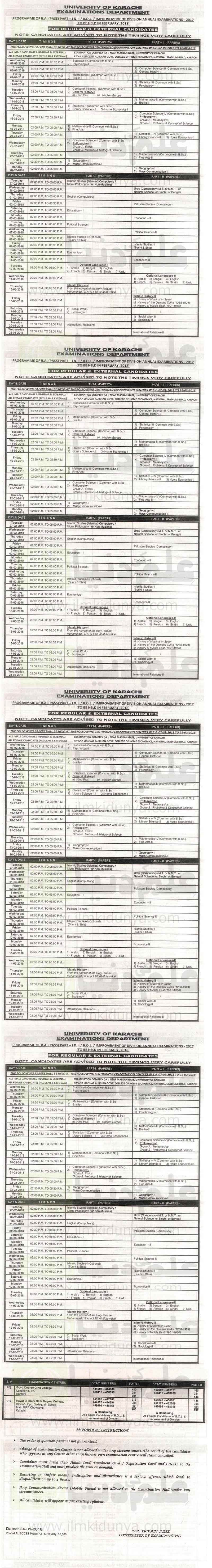 Karachi University Ba Part 1 And 2 Date Sheet 2020