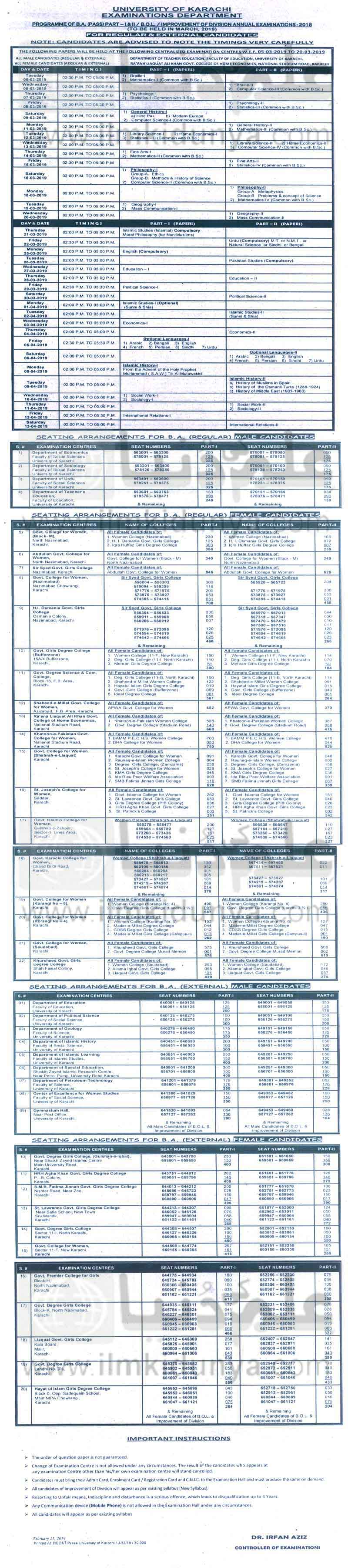 Karachi University Ba Part 1 And 2 Date Sheet 2020