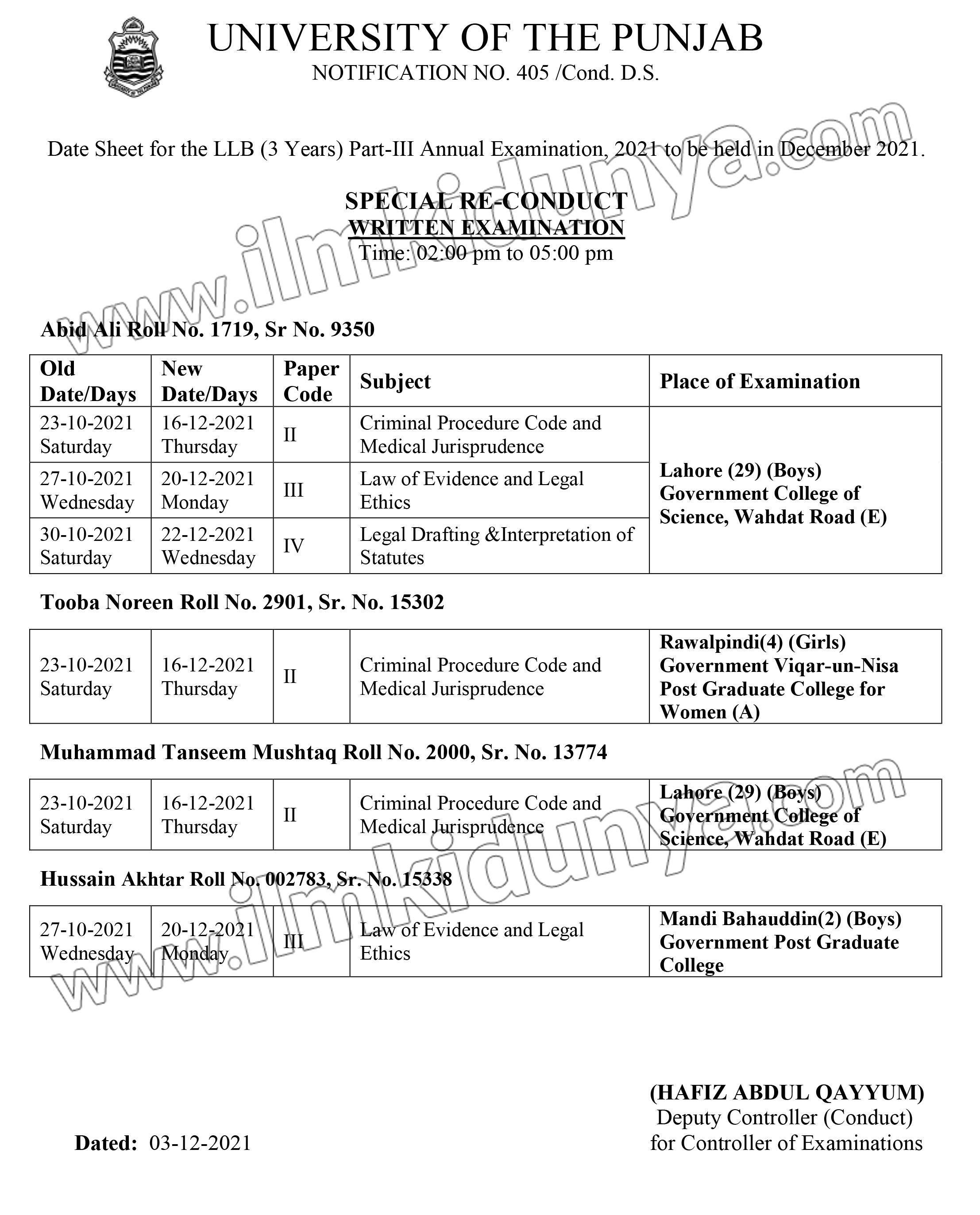 Punjab University LLB Date Sheet 2024 PU Lahore LLB Date Sheet 2024