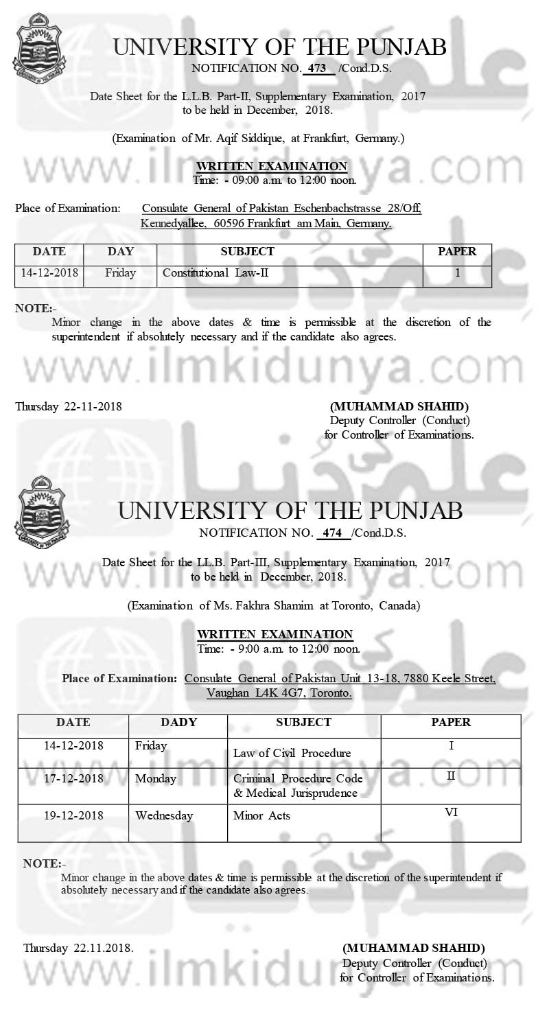 Punjab Univeristy Lahore LL.B Date Sheet