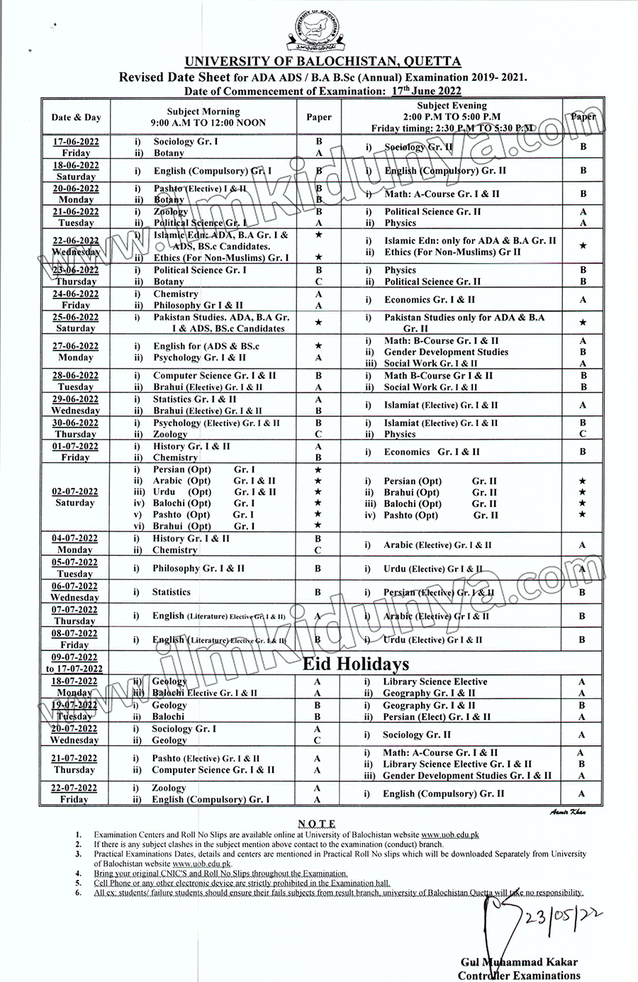 University of Balochistan Quetta BSC Date Sheet 2024