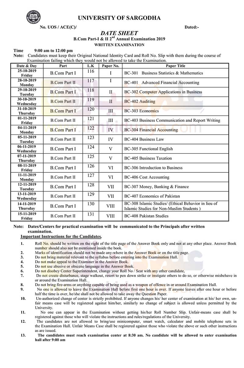 Sargodha University UOS B Com Date Sheet 2024